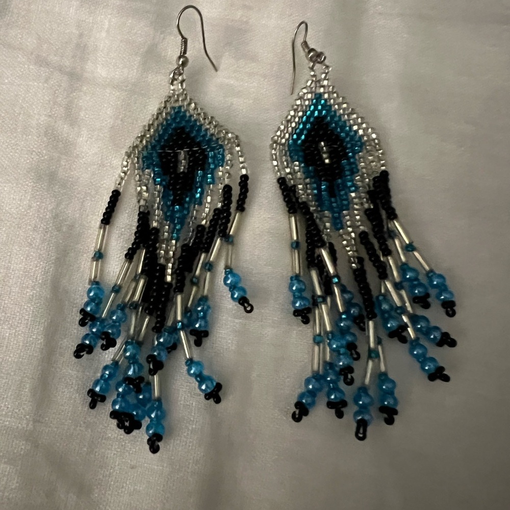 Hand Beaded Earrings in Silver Blue and Black